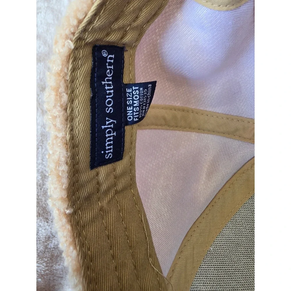 Simply Southern Blessed Tan Sherpa Fleece Baseball Cap Gold Glitter One Size